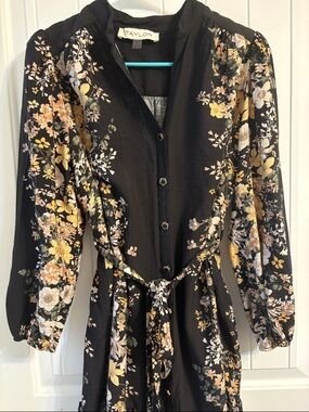 Taylor Black Floral Button-Front Tie-Waist Dress with Yellow and Cream Blooms